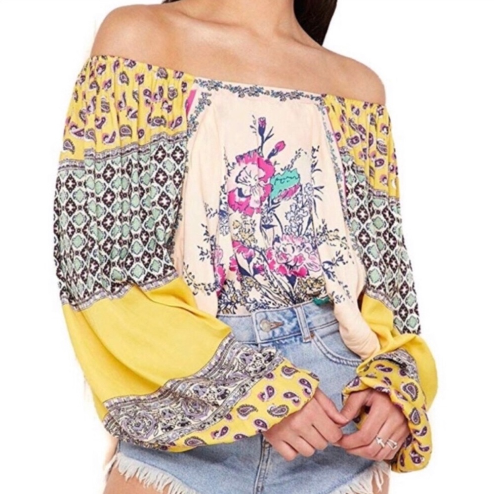 Free People l M Positano Silky Mix Print Floral Off-Shoulder Boho Peasant Blouse - Picture 2 of 8